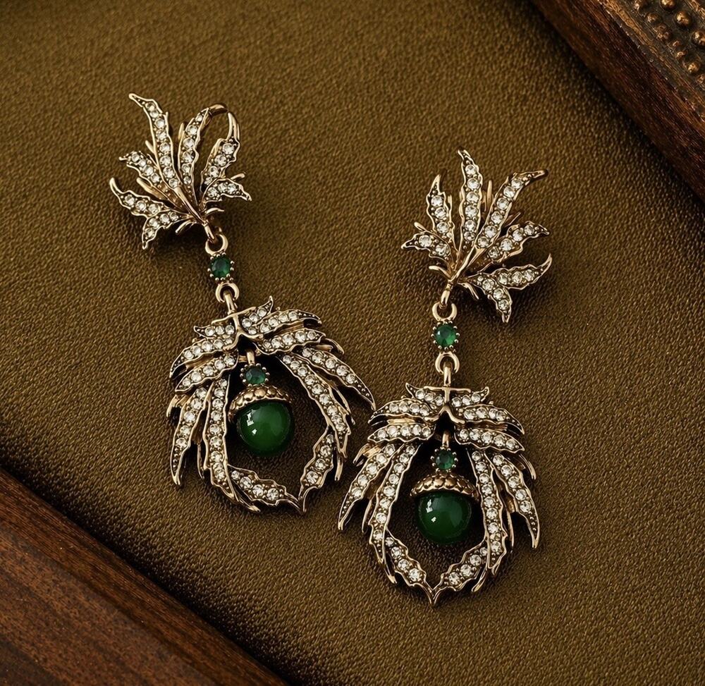 Art Nouveau Leaf VTG Antique Museum Medieval CZ Cabochon Deco Gold Court Palace